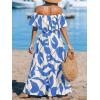 imageCUPSHE Women Ruffle Floral Maxi Summer Dress Off Shoulder Short Sleeve Backless Flounce Bodice Slit Hem Beach DressesLight Blue White