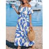 imageCUPSHE Women Ruffle Floral Maxi Summer Dress Off Shoulder Short Sleeve Backless Flounce Bodice Slit Hem Beach DressesLight Blue White