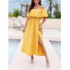 imageCUPSHE Women Ruffle Floral Maxi Summer Dress Off Shoulder Short Sleeve Backless Flounce Bodice Slit Hem Beach DressesSolid Yellow
