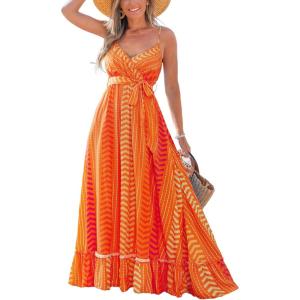 imageCUPSHE Women Maxi Dresses Spaghetti Straps V Neck Sleeveless Belted Beach Boho Ruffled Summer Pockets Vacation Casual DressOrange Paisley