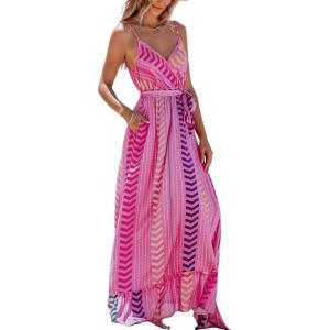 imageCUPSHE Women Maxi Dresses Spaghetti Straps V Neck Sleeveless Belted Beach Boho Ruffled Summer Pockets Vacation Casual DressPink Paisley