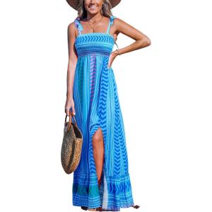 imageCUPSHE Womens Maxi Dress Casual Smocked Straps Paisley Ruffled Slit A Line Long Beach Summer DressBlue Striped