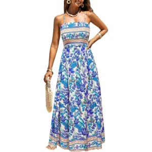 imageCUPSHE Womens Maxi Dress Ditsy Floral Smocked Summer Sundress Sleeveless Ruffled Spaghetti Straps Long Beach Formal DressBlue Purple