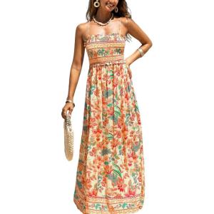 imageCUPSHE Womens Maxi Dress Ditsy Floral Smocked Summer Sundress Sleeveless Ruffled Spaghetti Straps Long Beach Formal DressOrange Floral