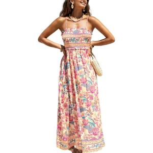 imageCUPSHE Womens Maxi Dress Ditsy Floral Smocked Summer Sundress Sleeveless Ruffled Spaghetti Straps Long Beach Formal DressPink Printed