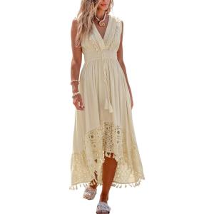 imageCUPSHE Womens Maxi Dress V Neck Sleeveless Lace Tassel Smocked Waist Cover Up Beach Formal Long DressBeige