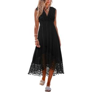 imageCUPSHE Womens Maxi Dress V Neck Sleeveless Lace Tassel Smocked Waist Cover Up Beach Formal Long DressBlack