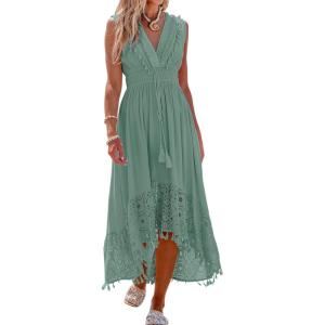 imageCUPSHE Womens Maxi Dress V Neck Sleeveless Lace Tassel Smocked Waist Cover Up Beach Formal Long DressMint Green