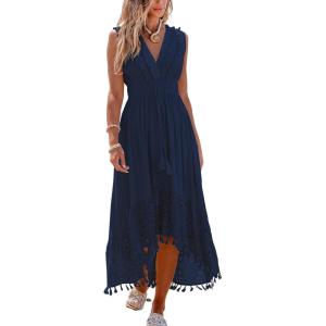 imageCUPSHE Womens Maxi Dress V Neck Sleeveless Lace Tassel Smocked Waist Cover Up Beach Formal Long DressNavy Blue