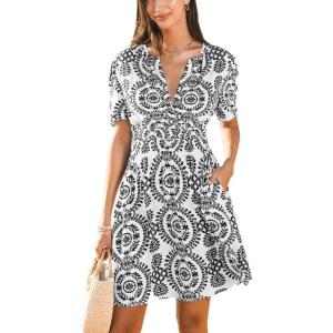 imageCUPSHE Womens Summer Dresses 2025 V Neck Short Sleeve Flowy Aline Beach Vacation Dress with PocketsBlack