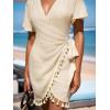 imageCUPSHE Women Bathing Suit Cover Up Sheer V Neck Short Sleeve Wrap Cover Ups for SwimwearTasselapricot