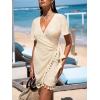 imageCUPSHE Women Bathing Suit Cover Up Sheer V Neck Short Sleeve Wrap Cover Ups for SwimwearTasselapricot