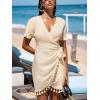 imageCUPSHE Women Bathing Suit Cover Up Sheer V Neck Short Sleeve Wrap Cover Ups for SwimwearTasselapricot