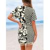 imageCUPSHE Women Bathing Suit Cover Up Sheer V Neck Short Sleeve Wrap Cover Ups for SwimwearTasselblack Leaf