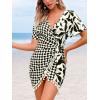 imageCUPSHE Women Bathing Suit Cover Up Sheer V Neck Short Sleeve Wrap Cover Ups for SwimwearTasselblack Leaf