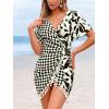 imageCUPSHE Women Bathing Suit Cover Up Sheer V Neck Short Sleeve Wrap Cover Ups for SwimwearTasselblack Leaf