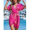 imageCUPSHE Women Bathing Suit Cover Up Sheer V Neck Short Sleeve Wrap Cover Ups for SwimwearTasselhot Pink Patterned
