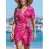 imageCUPSHE Women Bathing Suit Cover Up Sheer V Neck Short Sleeve Wrap Cover Ups for SwimwearTasselhot Pink Patterned