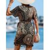 imageCUPSHE Women Bathing Suit Cover Up Sheer V Neck Short Sleeve Wrap Cover Ups for SwimwearTasselyellow Patterned