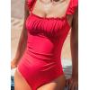 imageCUPSHE Womens One Piece Swimsuit Square Neck Ruffled Sleeves Back Hook Cutout Bathing Suit Adjustable Straps SwimwearRed
