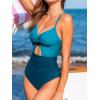 imageCUPSHE Womens One Piece Swimsuit V Neck Crisscross Back Tie Front Cutout Colorblock Ruched Tummy Adjustable StrapsBlueDark Teal