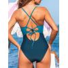 imageCUPSHE Womens One Piece Swimsuit V Neck Crisscross Back Tie Front Cutout Colorblock Ruched Tummy Adjustable StrapsBlueDark Teal