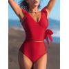 imageCUPSHE Womens Tankini Sets Sexy Two Piece Swimsuit V Neck High Waisted Ruched Tummy Flutter Sleeve Bathing SuitRed