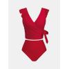 imageCUPSHE Womens Tankini Sets Sexy Two Piece Swimsuit V Neck High Waisted Ruched Tummy Flutter Sleeve Bathing SuitRed