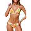 imageCUPSHE Womens Bikini Sets Two Piece Swimsuit V Neck Halter Back Self Tie Eyelet Trim Mid RiseBeigePink Floral