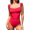 imageCUPSHE Womens One Piece Swimsuit Square Neck Ruffled Sleeves Back Hook Cutout Bathing Suit Adjustable Straps SwimwearRed