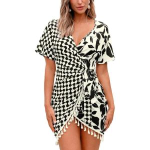 imageCUPSHE Women Bathing Suit Cover Up Sheer V Neck Short Sleeve Wrap Cover Ups for SwimwearTasselblack Leaf