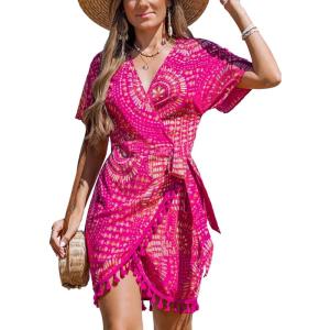 imageCUPSHE Women Bathing Suit Cover Up Sheer V Neck Short Sleeve Wrap Cover Ups for SwimwearTasselhot Pink Patterned