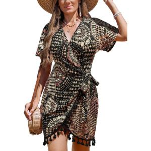 imageCUPSHE Women Bathing Suit Cover Up Sheer V Neck Short Sleeve Wrap Cover Ups for SwimwearTasselyellow Patterned