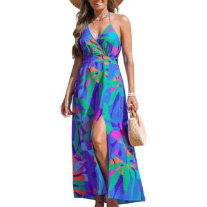 imageCUPSHE Women Halter Backless Summer Dresses Spaghetti Strap Side Slit Casual Beach Sundress Holiday Vacation Maxi DressBlue Pattern
