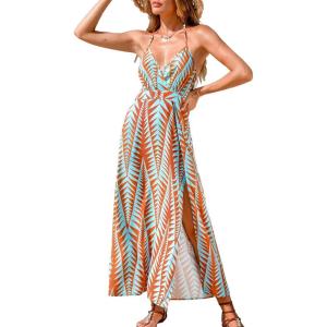 imageCUPSHE Women Halter Backless Summer Dresses Spaghetti Strap Side Slit Casual Beach Sundress Holiday Vacation Maxi DressBlue Red