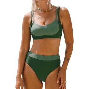 imageCUPSHE Womens Bikini Sets Scoop Neck Adjustable Straps Sporty Bathing Suit High Rise ColorblockBlackGreen