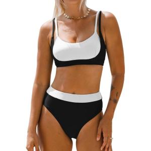 imageCUPSHE Womens Bikini Sets Scoop Neck Adjustable Straps Sporty Bathing Suit High Rise ColorblockBlackWhite