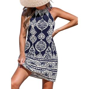 imageCUPSHE Womens Boho Mini Dress Halter Sleeveless Paisley Self Tie Back Summer Casual Beach DressNavy Paisley