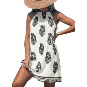 imageCUPSHE Womens Boho Mini Dress Halter Sleeveless Paisley Self Tie Back Summer Casual Beach DressWhite Paisley