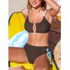 imageCUPSHE Womens Bikini Sets Two Piece Swimsuit Colorblock O Ring Cutout Textured Fabric Scoop Neck Mid Rise Side TieBrownBlue