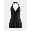 imageCUPSHE Womens One Piece Swimdress V Neck Plunge Halter Self Tie Open Back Ruched Bathing SuitBlack