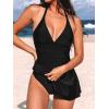 imageCUPSHE Womens One Piece Swimdress V Neck Plunge Halter Self Tie Open Back Ruched Bathing SuitBlack