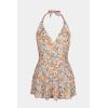 imageCUPSHE Womens One Piece Swimdress V Neck Plunge Halter Self Tie Open Back Ruched Bathing SuitPeachy BeigeFloral
