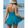 imageCUPSHE Womens One Piece Swimdress V Neck Plunge Halter Self Tie Open Back Ruched Bathing SuitTeal Blue