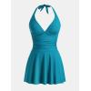 imageCUPSHE Womens One Piece Swimdress V Neck Plunge Halter Self Tie Open Back Ruched Bathing SuitTeal Blue