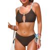 imageCUPSHE Womens Bikini Sets Two Piece Swimsuit Colorblock O Ring Cutout Textured Fabric Scoop Neck Mid Rise Side TieBrownBlue