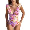 imageCUPSHE Womens Ruffled One Piece Swimsuit V Neck Lace UpPale PurpleFloral