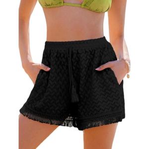 imageCUPSHE Womens Casual Shorts Drawstring Lace Swimsuit Cover Ups Beach Shorts with TasselBlack
