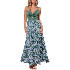 imageCUPSHE Womens Maxi Dress Floral Print Twisted V Neck Sleeveless Long Dress Summer Casual DressGreenblue