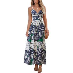imageCUPSHE Womens Maxi Dress Floral Print Twisted V Neck Sleeveless Long Dress Summer Casual DressNavyblue